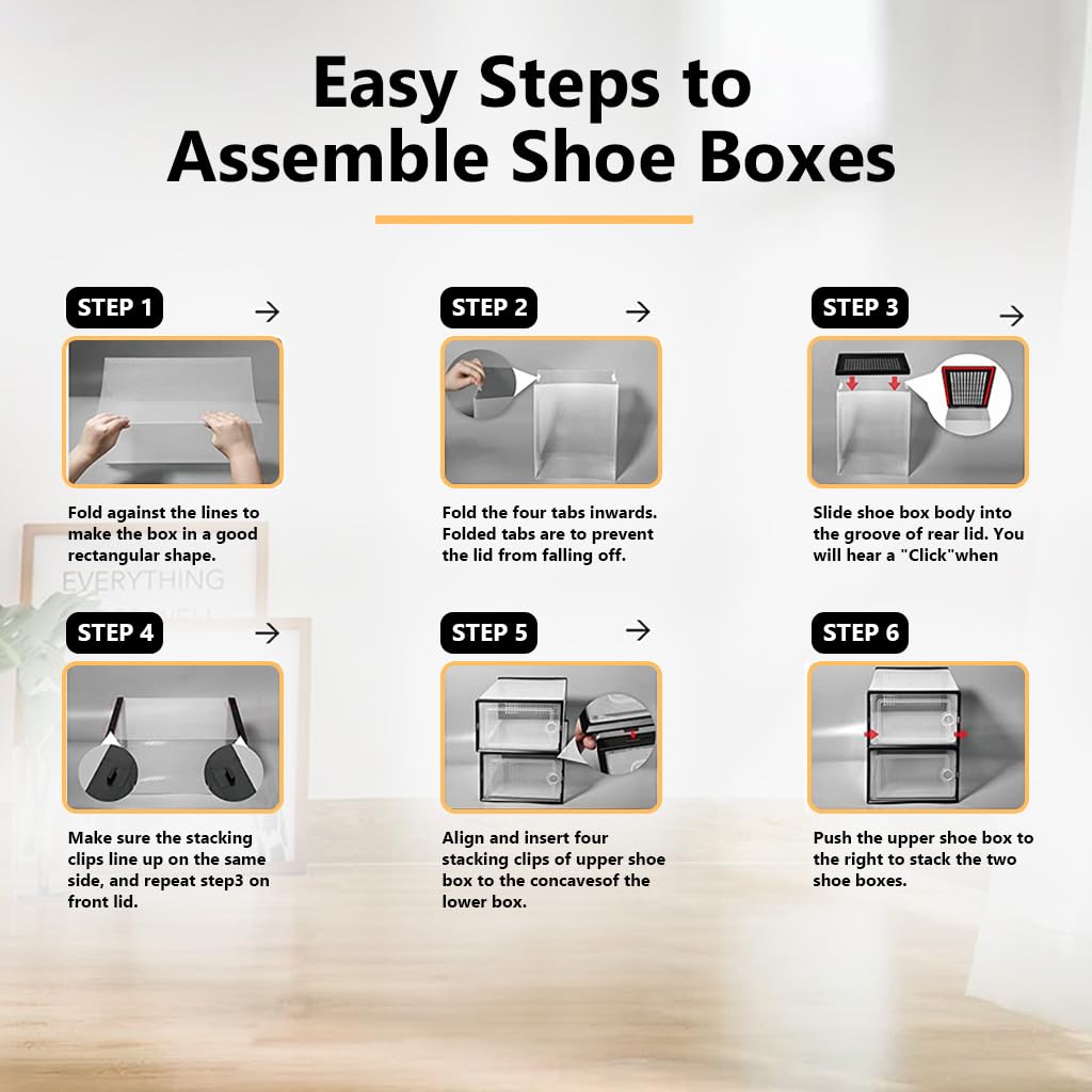 HASTHIP 12 Pack Shoe Box, Large Plastic Shoe Boxes Storage, Fit Size Men's 11, Clear Plastic Stackable Sneaker Containers Bins with Lids, Great Substitute for Shoe Rack, Space Saving (White)