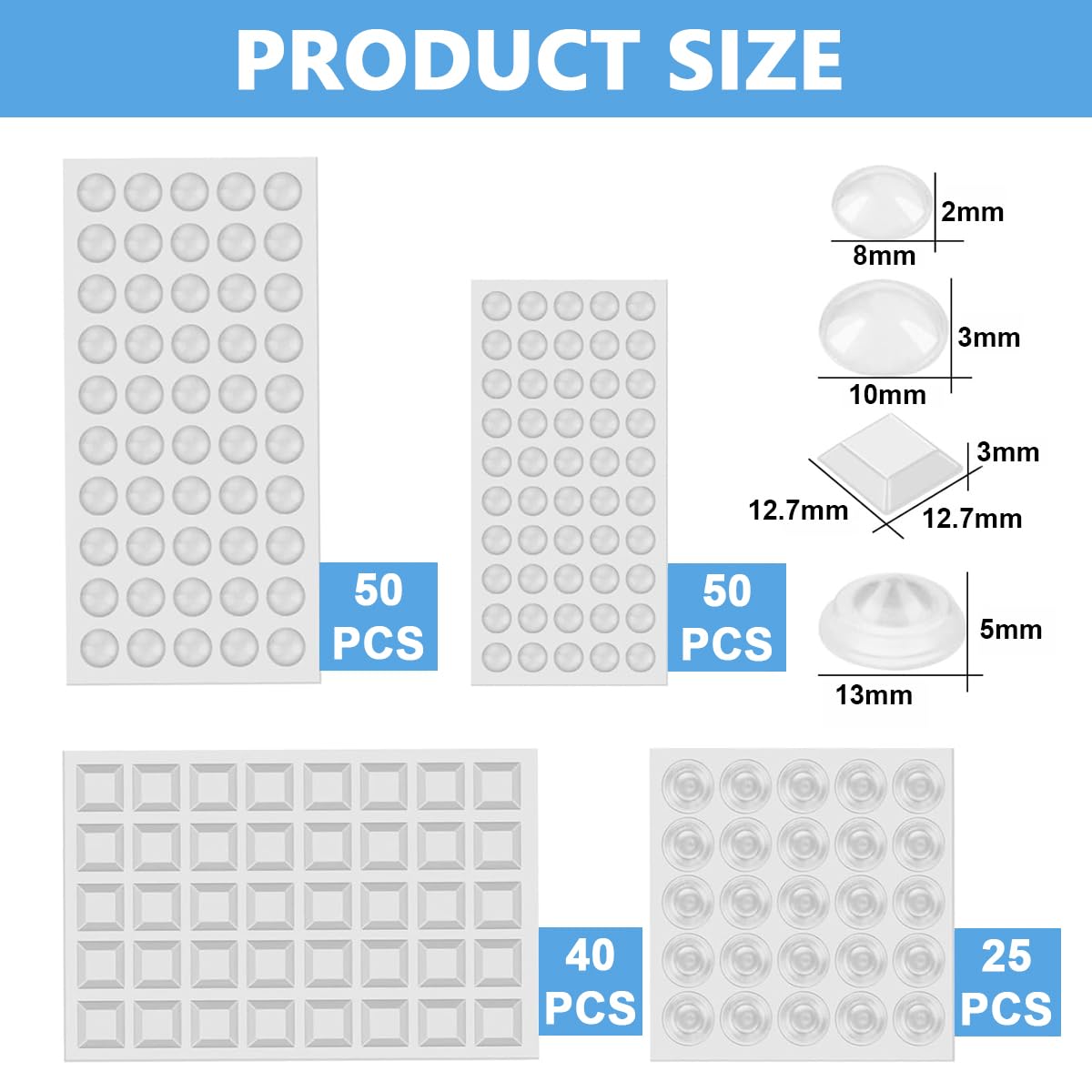 HASTHIP 165pcs Adhesive Silicone Door Knob Bumper Pad Sticker Clear Rubber Silent Bumper Sticker 4 Sizes Furniture Bumper Door Protector for Home, Table, Self Adhesive Furniture Bumper Strips