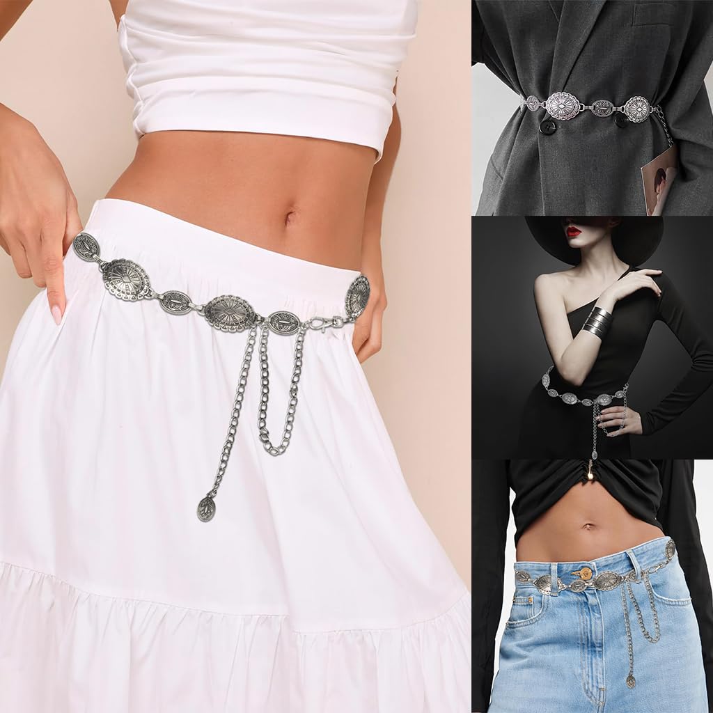 PALAY Boho Waist Belt for Women Silver Concho Belt Saree Waist Belt Metal Concho Belt Western Fashion Conchos Adjustable Concho Belt