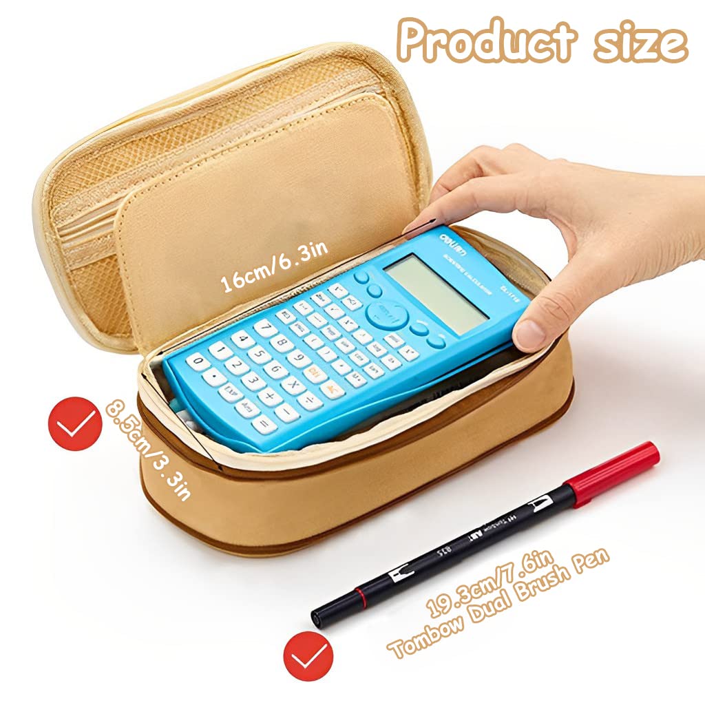HASTHIP Large Capacity Pencil Case, Durable Storage Multiple Compartment Double Zipper Portable Capacity Pencil Pouch for College Student Teen, 22x11cm (Khaki)