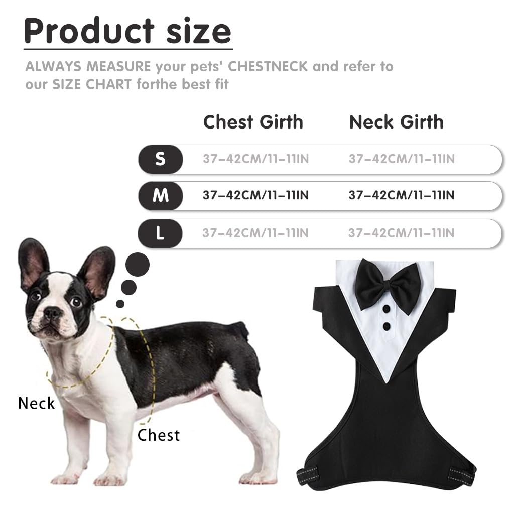 Qpets Dog Tuxedo Harness, Fashionable Dog Tuxedo Harness Set with Traction Rope and Chest Harness, Dog Vest Pet Suit Holiday Dress Puppy Kitten Wearing, M