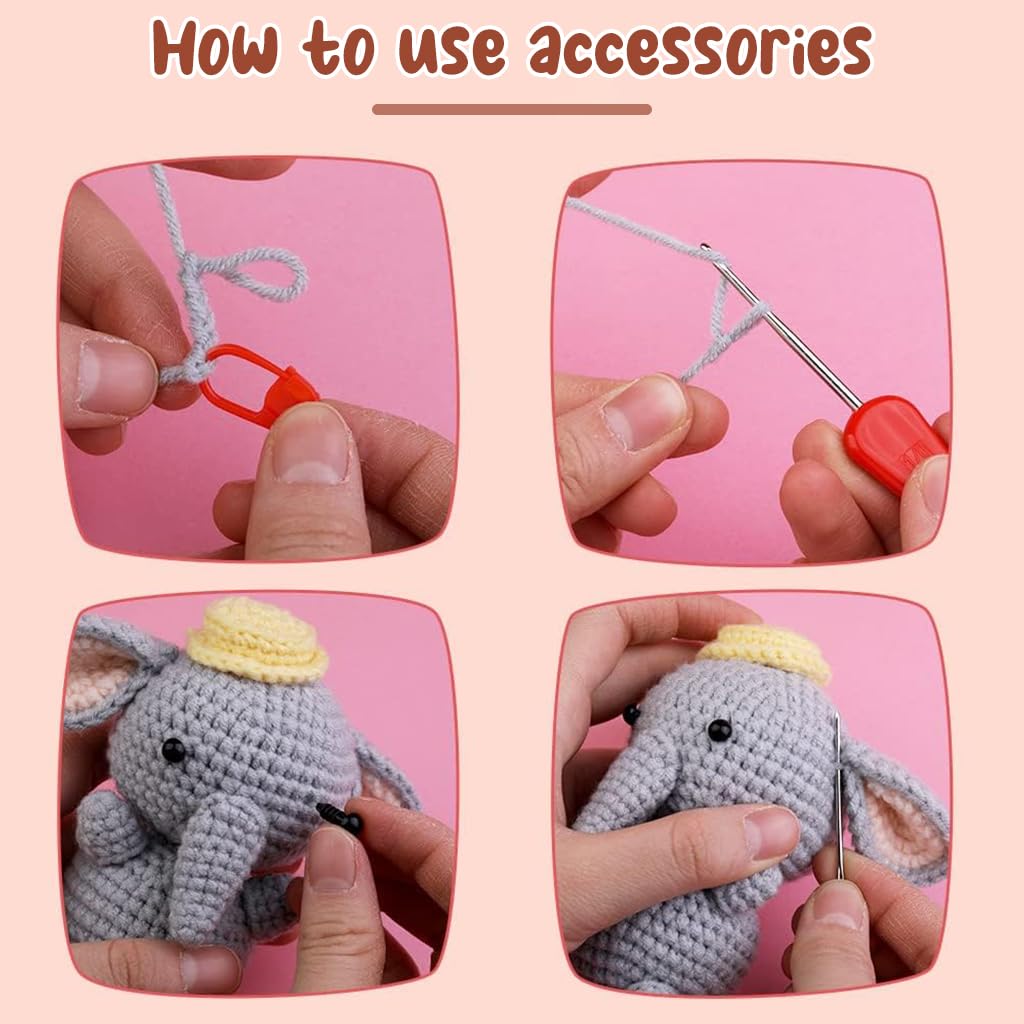 PATPAT Crochet Stuffed Animal Kit Crochet Kit for Beginners DIY Knitting Kit Full Set Crochet Starter Kit with Yarn, Polyester Fiber, Crochet Hooks, Tutorial Video, Kids Christmas Gifts (Elephant)