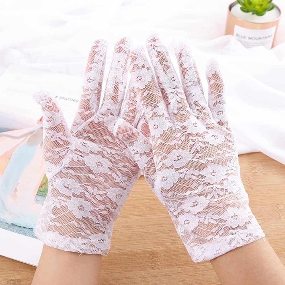 ZIBUYU Lace Gloves for Bride Marriage Dress Gathered Rhinestone Lace Sequins Satin Bridal Party Wedding(white)