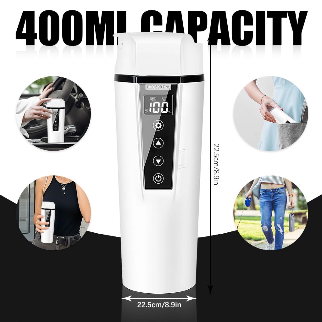 Supvox Electric Water Bottle Car Home Use 12/24V 400ml Stainless Steel Electric Water Heater Adjustable Temperature Digital LCD Display Travel Water Heater with Drawstring Bag