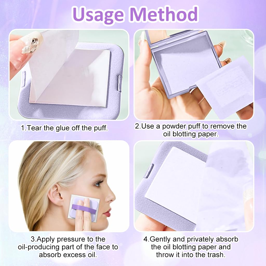 MAYCREATE 200Pcs Blotting Paper for Oily Face, Lavender Oil Absorbing Sheets for Face, Natural Oil Absorbing Paper for Face, Travel Compact Face Wipes for Oily Skin, with Mirror & Puff for Men Women