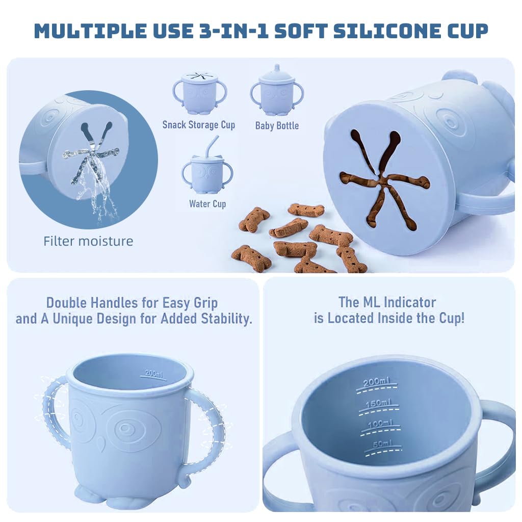 SNOWIE SOFT Baby Feeding Set of 10Pcs Food Grade Toddlers Silicone Food Plate Sipping Cup Bowl Set with Silicone Bib, Baby Cutleries, Self-Feeding Tableware Set for Toddlers, Sterilizable, Blue