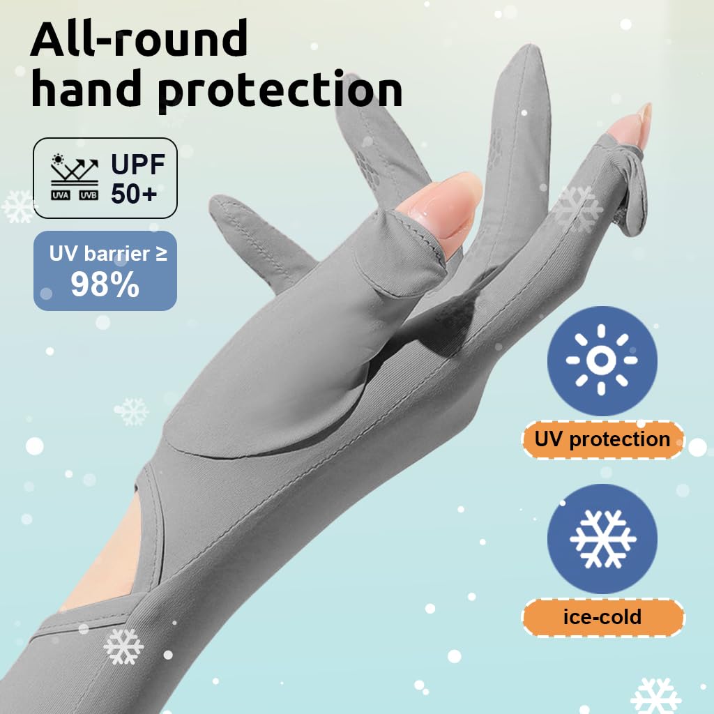 PALAY UV Protection Arm Sleeves Nylon Ice Silk Arm Sleeves with One Piece Gloves, Open Finger Tip & Anti-slip Palm Design Outdoor Cool Arm Sleeve for Driving, Cycling, Gardening- Grey