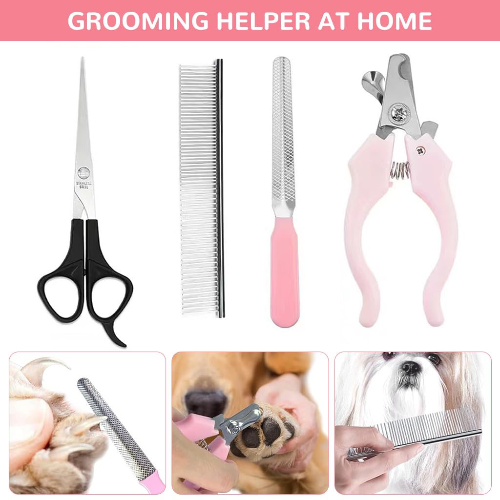 Qpets Pet Grooming Kit, Dog Grooming Scissors Clippers for Cats Dogs, Pet Hair Trimmer Dog Hair Comb Spring Loaded Stainless Steel Pet Nail Clipper - 4 Pcs