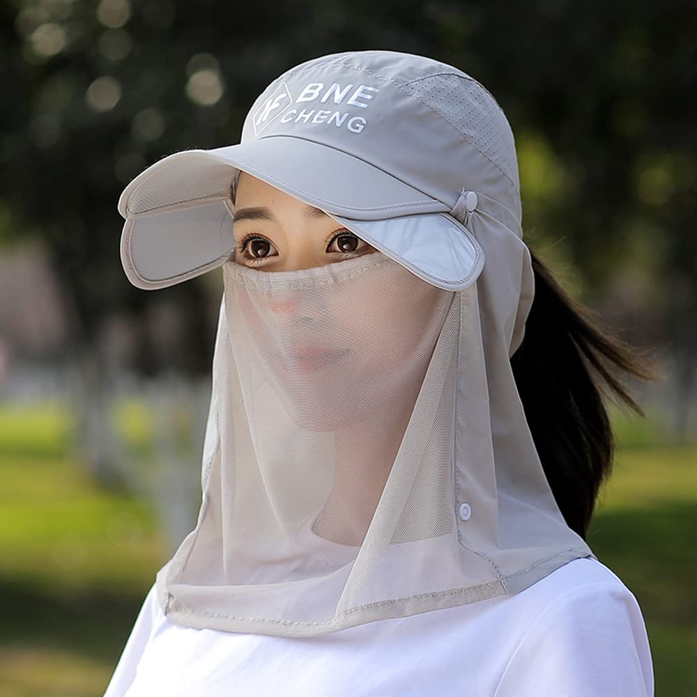 PALAY Sun Hat for Women Wide Brim Sun Cap with Removable Face Neck Cover Flap, Breathable Sun Protection Visor Hats for Beach Fishing - Grey