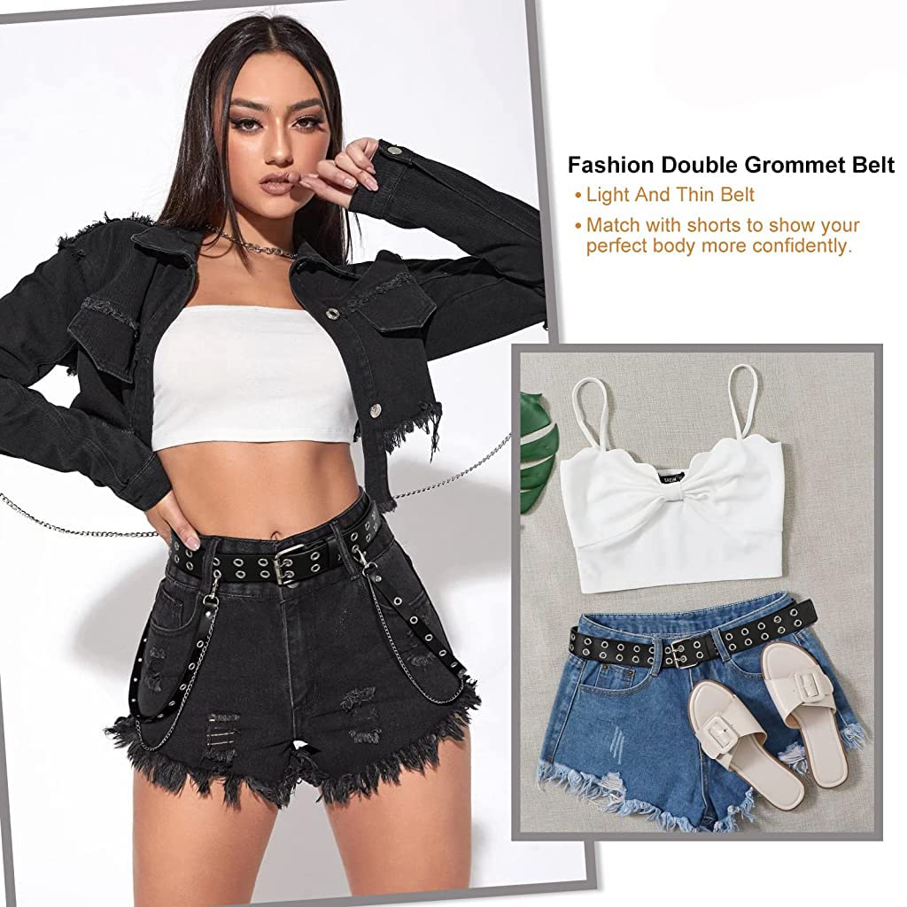 PALAY PU Leather Punk Belt with Chain Double Grommet Belt for Women Black Waist Belt with Metal Chain Double Prong Belt for Jeans Pants