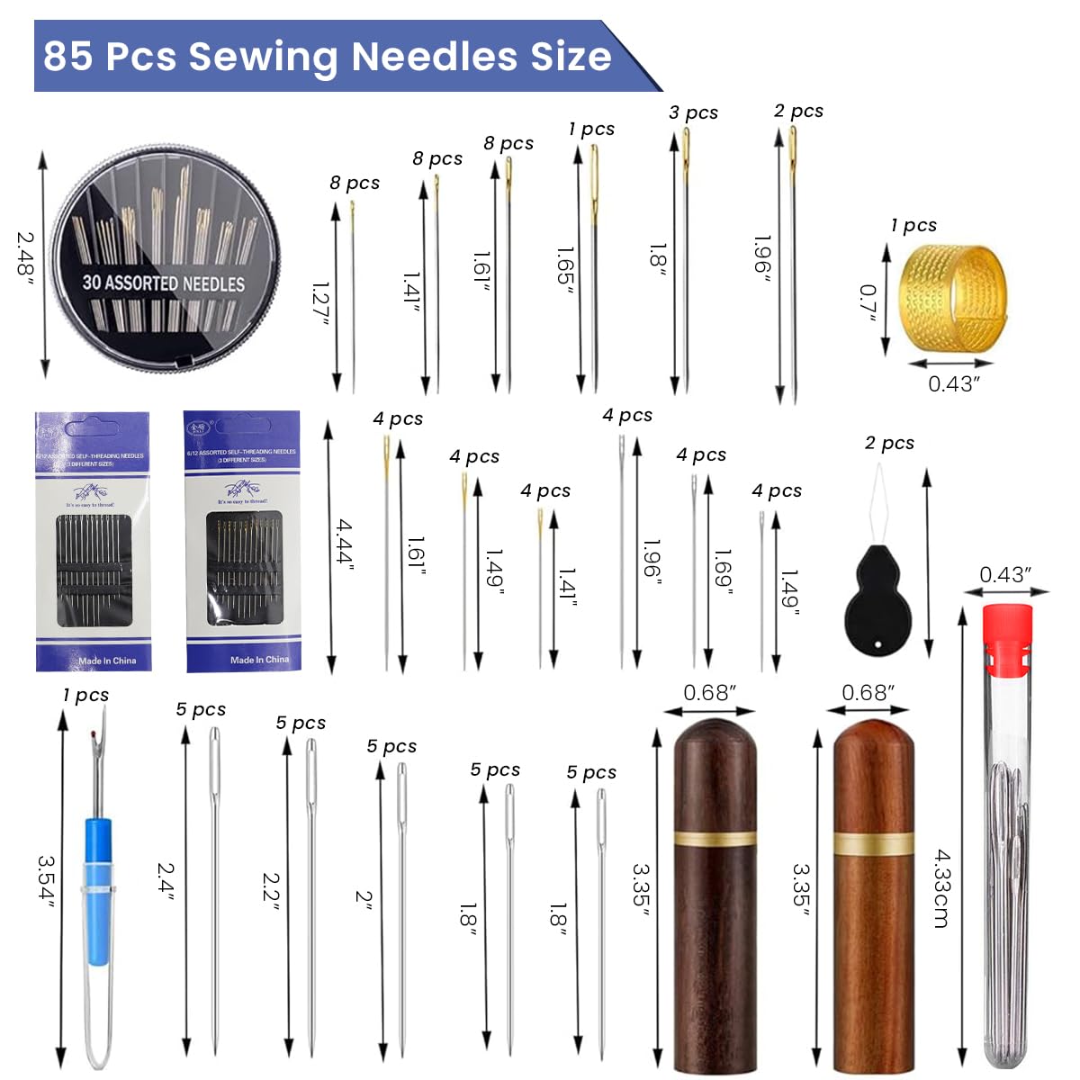 HASTHIP Sewing Needles Set, 85 Pcs Sewing Needles, 3 Styles 14 Size Assorted Needles for Sewing, Stainless Steel Large Eye Embroidery Hand Sewing Needles with Threaders for DIY Craft