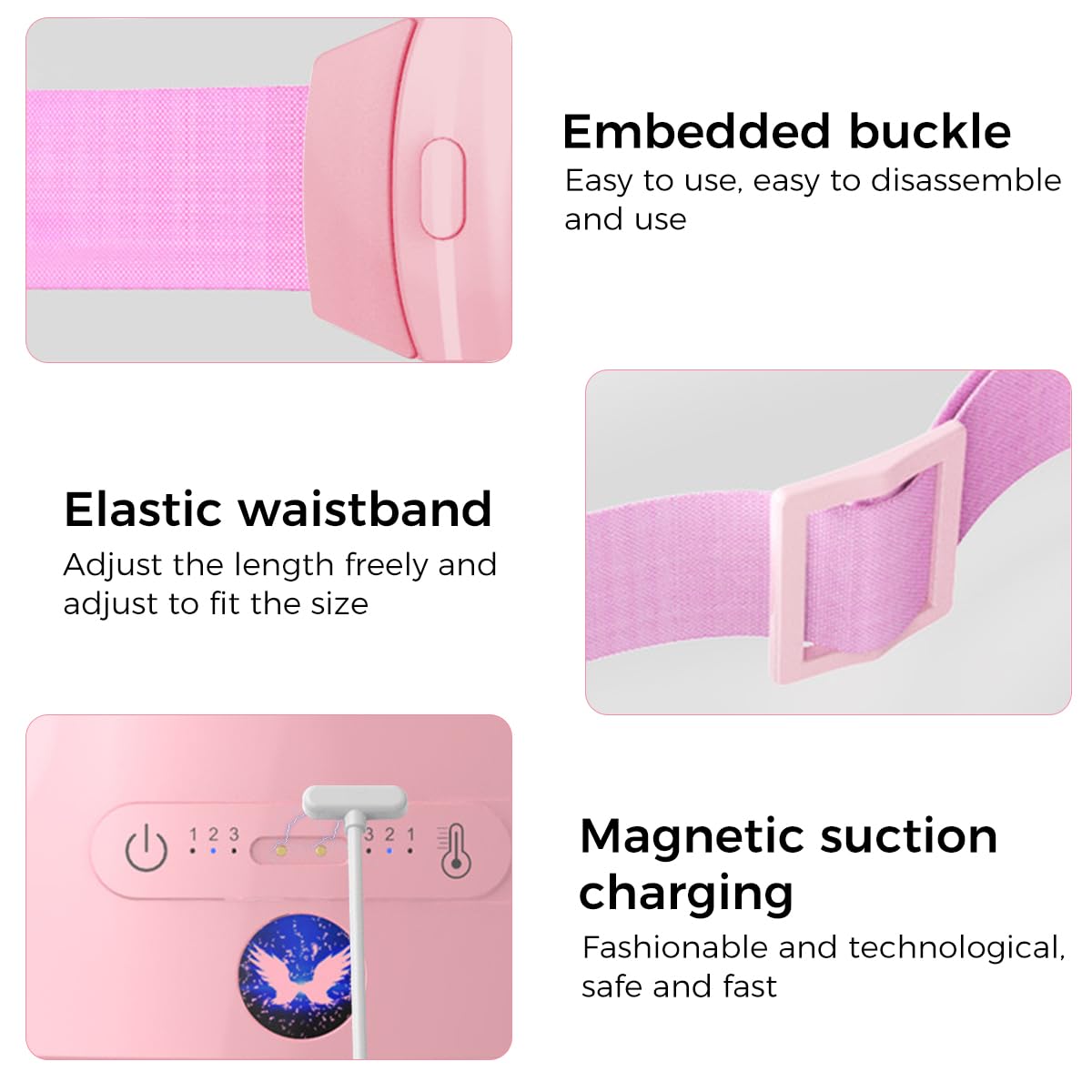 HANNEA Electric Heating Pad for Period Cramps Women, Girl Portable Cordless Back Pain Relief Belt, Belly Warmer Heating Pad with 3 Heat Levels & 3 Massage Modes Menstrual Heating Pad for Women - Pink