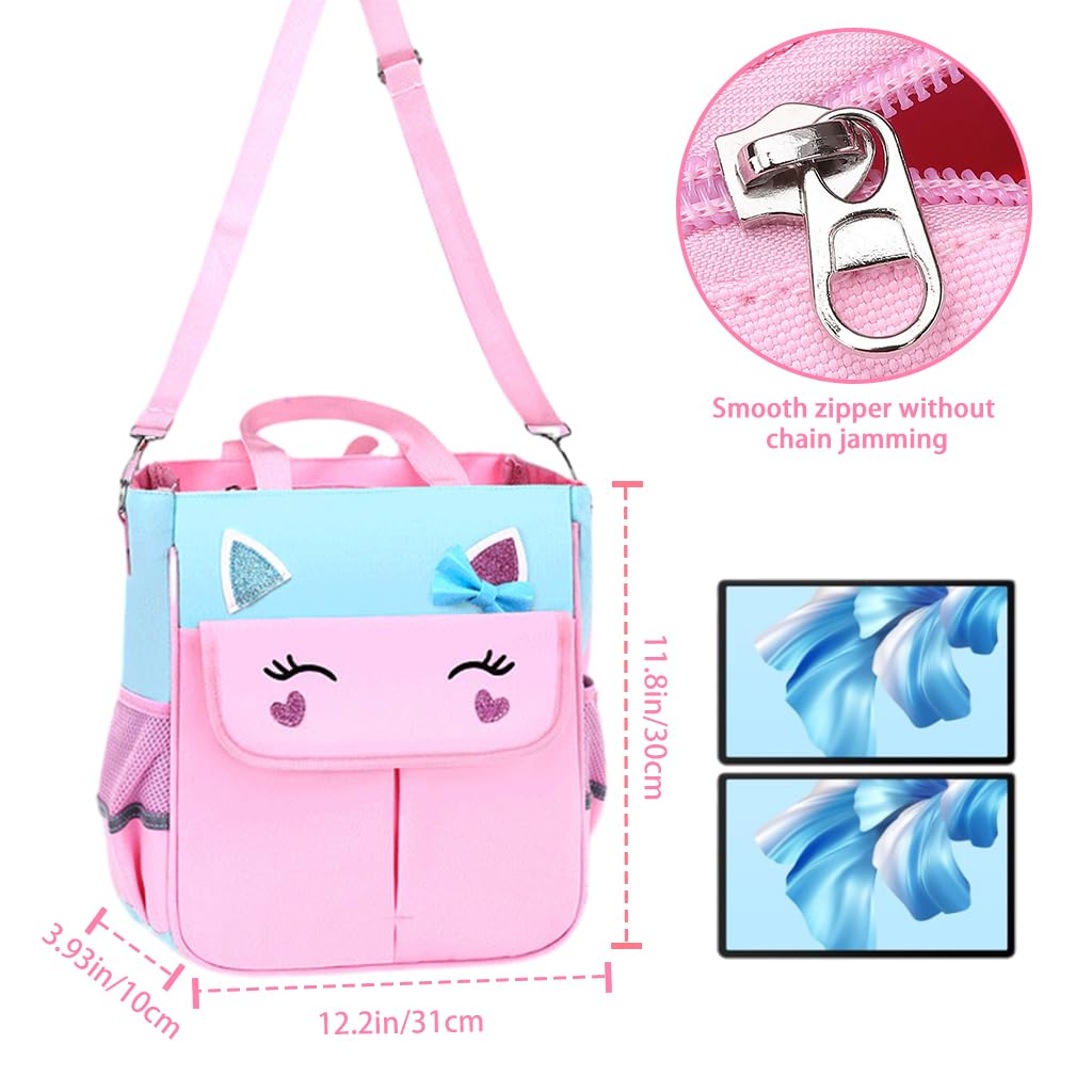 PALAY Girls School Bag 2 in 1 Book Bag Handbag with Shoulder Belt Pink Unicorn Book Bag for Schoolgirls Book Tote Bag Large Crossbody Book Bag School Gift Daily Item Handbag for Girls 6-12 Years Old