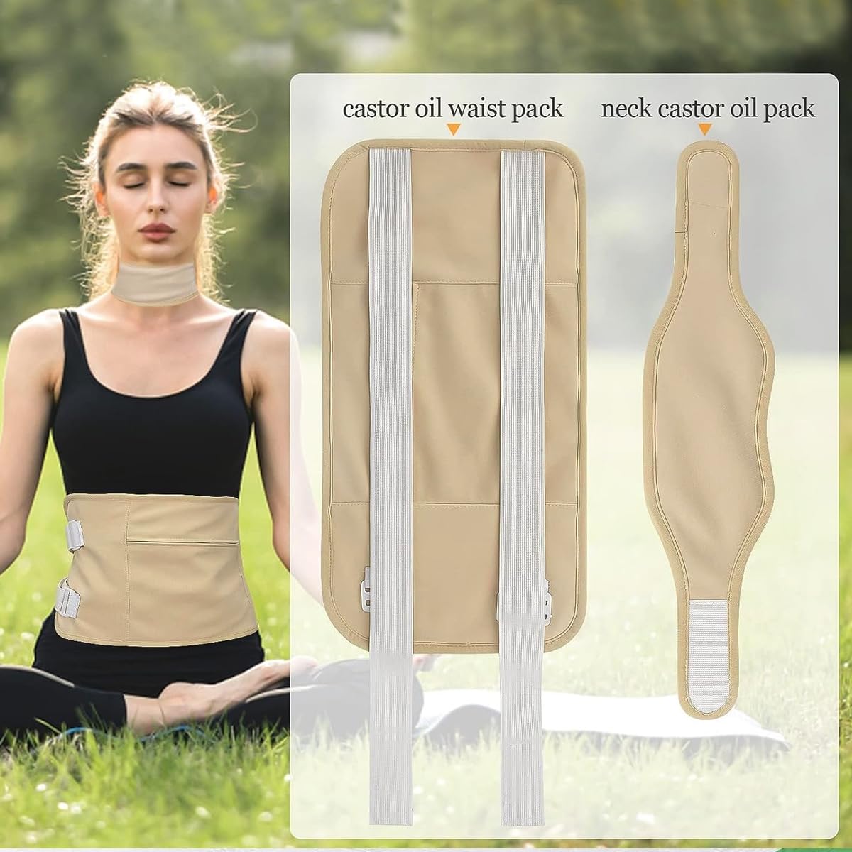 HANNEA Castor Oil Pack Wrap for Waist and Neck, Reusable Organic Castor Oil Pack Kit for Liver Detox and Fibroids, Insomnia, Constipation and Inflammation, Less Mess Anti Oil Leak, Beige