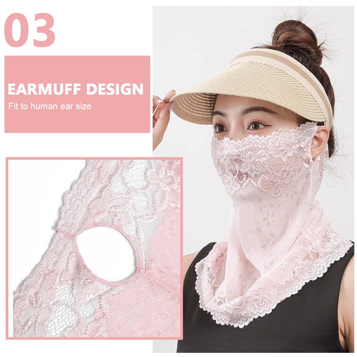 PALAY Lace Face Cover for Women Sun Protection Face Mask, Stylish Breathable Embroidery Veil Face & Neck Covering for Girls - Pink, Hanging Ear Design