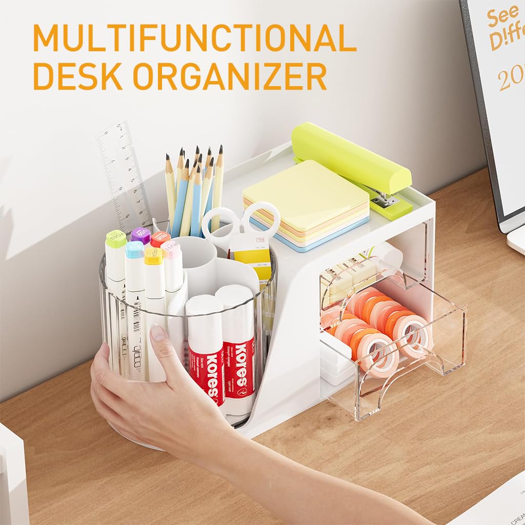 Climberty Desk Organizer with 2 Drawers, 360°Rotating Pen Holder for Desk, Desk Organizers and Accessories with 6 Slots Pencil Organizer + 2 Drawer, Art Supply Storage Box Caddy for Office (White)