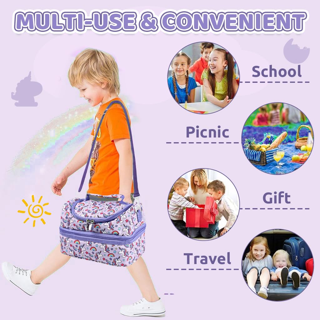 HASTHIP Girls Lunch Tote with Removable Shoulder Strap Kawaii Purple Unicorn School Girls Bento Box Tote Bag Double Layer Insulated Lunch Bag Camping Lunch Tote Bag Insulated Food Bag, 25x15x16cm