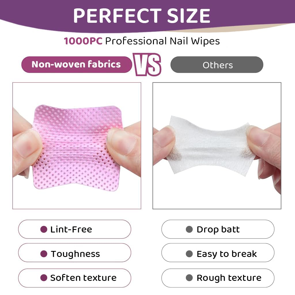 MAYCREATE 1000pcs Lint Free Nail Wipes Non-Woven Soft Nail Polish Remover Wipes Tweezer Makeup Tools Cleaning Wipes Super Absorbent Nail Wipes for Fingernail Polish Remover