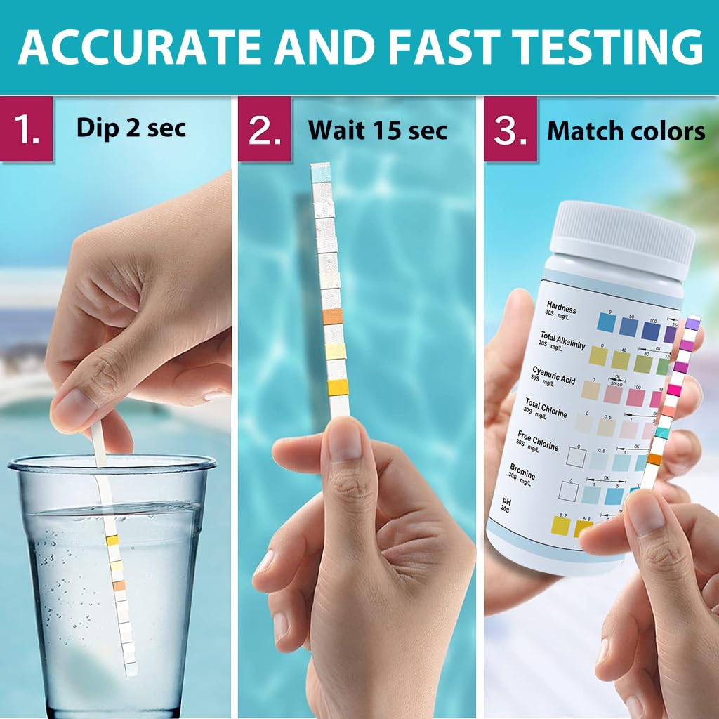 Qpets 50pcs 7 in 1 PH Pool Test Strips PH Paper 7-Way Pool and Spa Test Strips Quick Accurate Test Hardness, Total Alkalinity, Cyanuric Acid, Total Chlorine, Free Chlorine, Bromine, PH