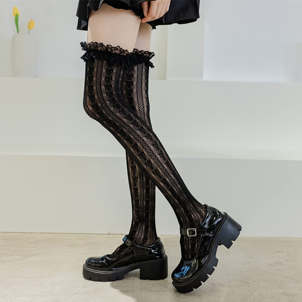 PALAY Lace Knee Length Socks for Women Girls, Lolita Fishnet Thigh High Stockings Heart Striped Ruffled Over Knee High Socks, Fashion Sweet Hollow Out Long Socks (Black, 1 Pair)