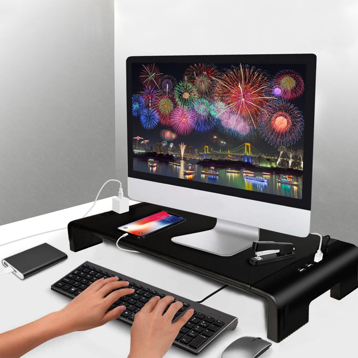 ZORBES Monitor Riser Stand Desk Monitor Riser Stand with 4 USB 2.0 Ports Support Charging Multifunctional Monitor Riser Office Desk Organizer Universal Desk Monitor Riser Stand, 52x20x8cm