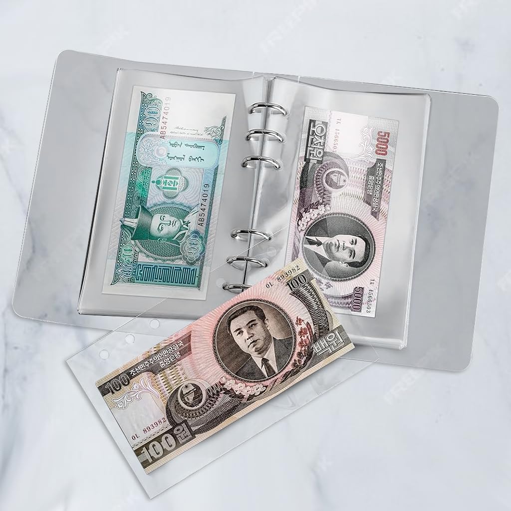 Climberty Currency Collection Album with Dustproof Case - Cash Folder Album Budget Binder Money Saving Cash Folder with 100Pcs Transparent Cash Pocket (7× 4 inch)