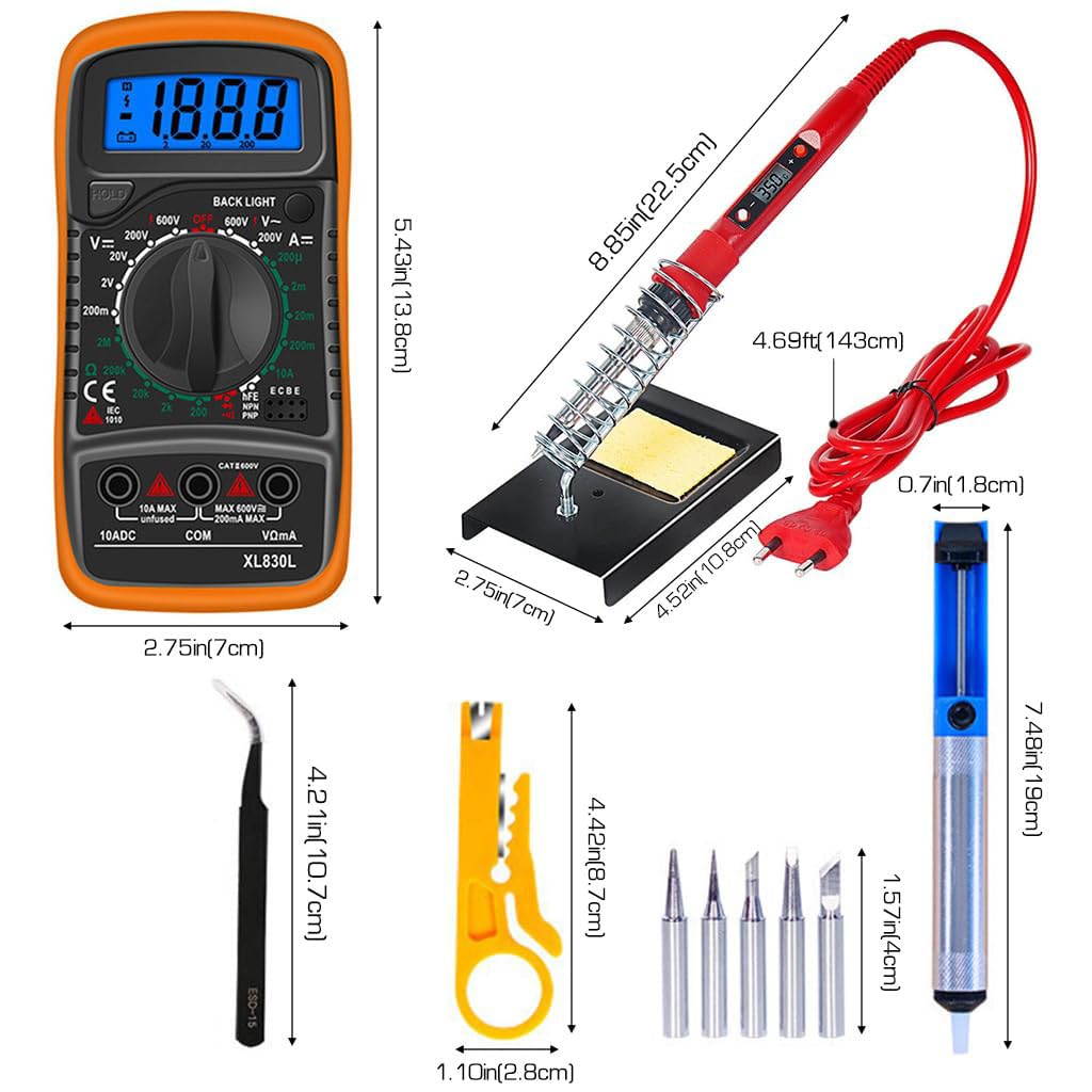 Serplex 80W Soldering Iron Multimeter Kit Temperature Adjustable Electric Soldering Iron Pen Set with Soldering Iron Tip, Solder Wire, Stand, Desoldering Pump, Welding Tool