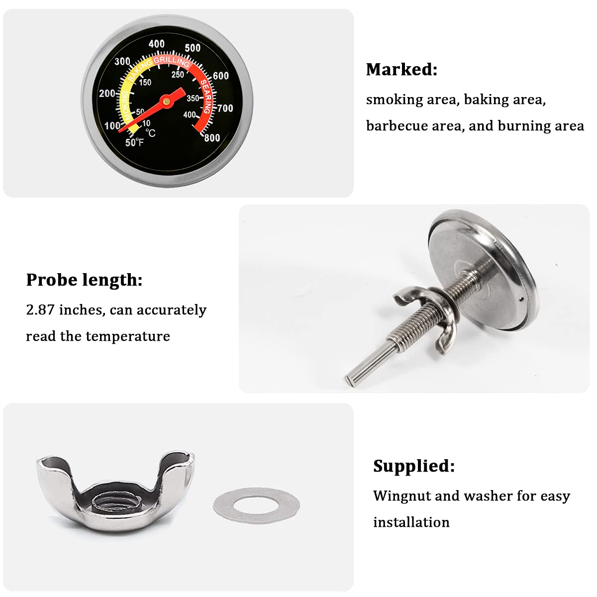 ZORBES 430 Stainless Steel BBQ Charcoal Grill Pit Thermometer Smoker Temperature Gauge with Fahrenheit and Heat Indicator for Meat Cooking Lamb Beef