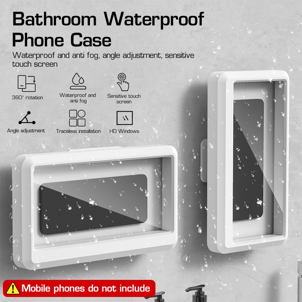 ZORBES Waterproof Bathroom Wall Mount Phone Holder Case 360° Rotatable Phone Stand with HD Touch Screen Self Adhesive Installation Detachable Phone Holder for 6.8