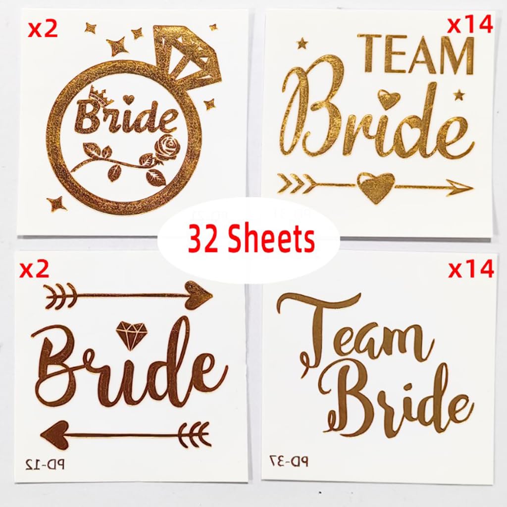 MAYCREATE 32 Sheet Bride Tribe Temporary Tattoo Stickers, Cheers Bride to be Props for Bachelorette Party, Metallic Gold Team Bride Bridesmaid Makeup Tattoos, Room Decoration