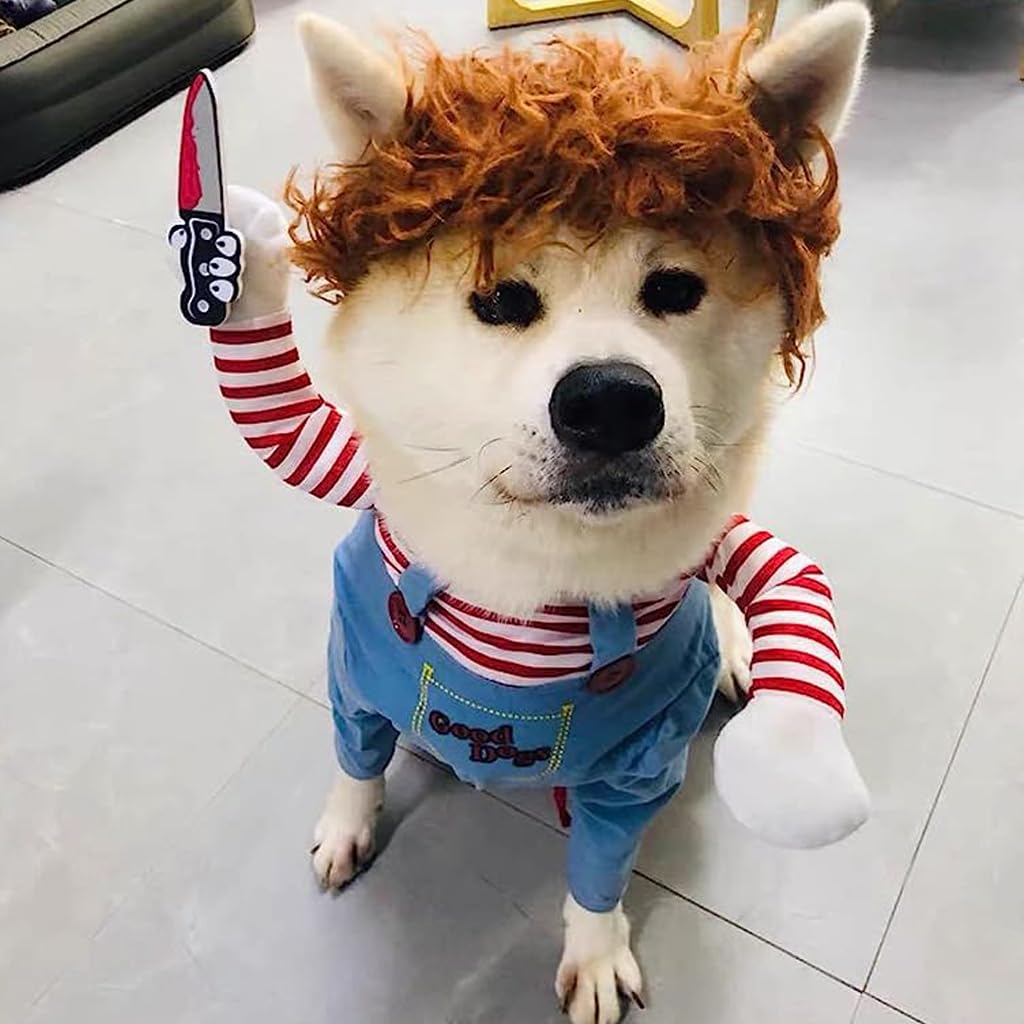 Qpets Dog Clothes Hairpiece Costume Set, Funny Dog Clothes Deadly Doll Cosplay Costume for Halloween Party Funny Costume Dog Clothes Party Costume for Small Medium Dogs (Medium Size)