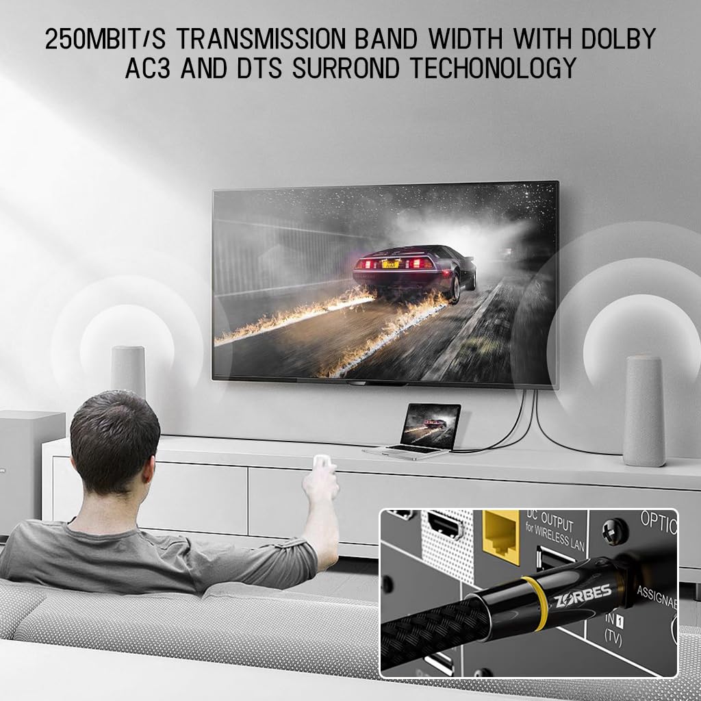ZORBES 6.6FT Optical Audio Cable, Braided Optical Audio Cable, Gold-Plated Pin Digital Audio Fiber Optic Cable Toslink, Compatible with Sound Bar, Home Theater, TV, PS