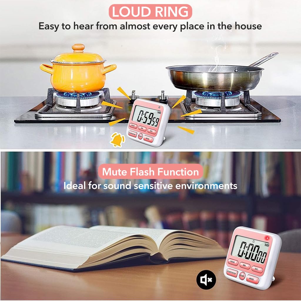 HASTHIP Digital Kitchen Timer with Mute/Loud Alarm Switch ON/Off Switch, Big Digits Loud Alarm Magnetic Backing Stand Cooking Timers Baking Alarm Clock 24hs Countdown Timer (Battery Not Included)