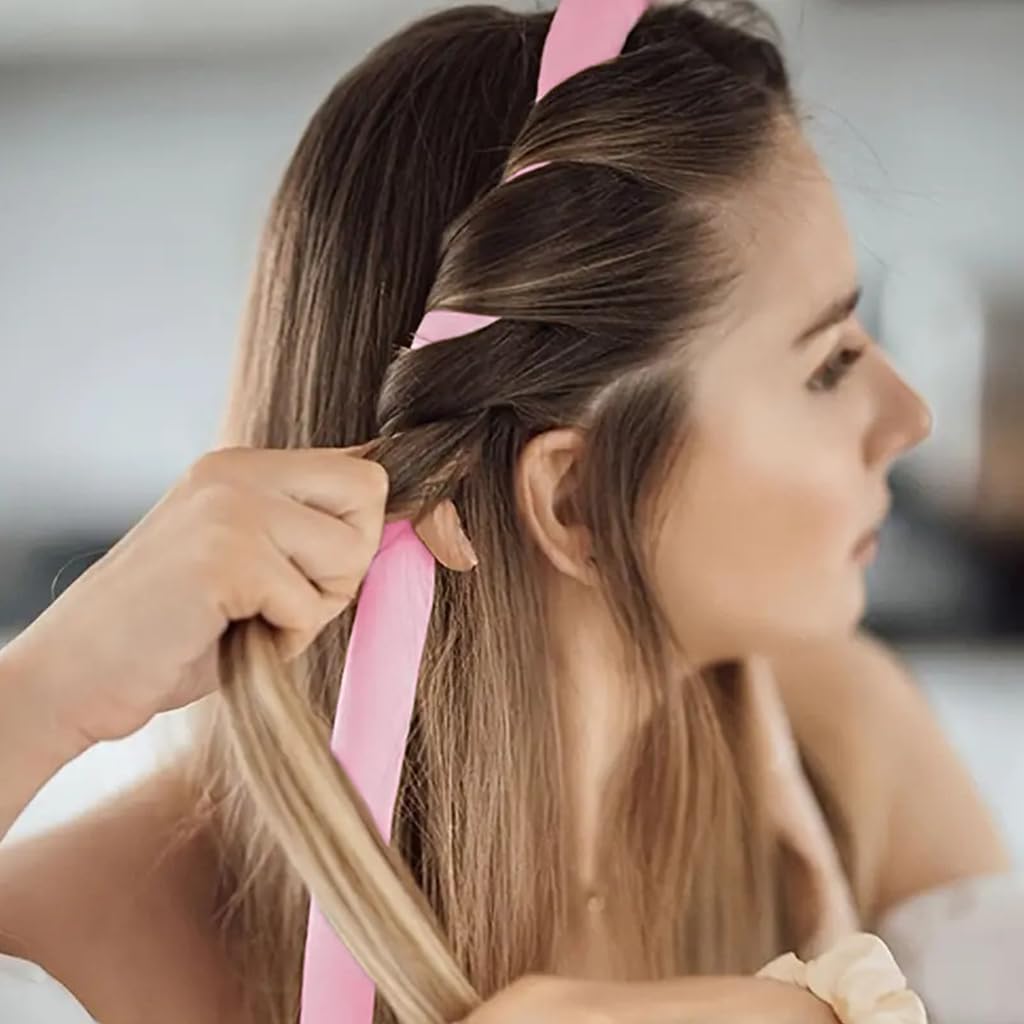 ZIBUYU Heatless Curling Rod Headband No Heat Silk Ribbon Curling Rod Hair Roller Curls with Hair Claw Clip Lazy Natural Soft Wave DIY Hair Rollers Styling Tool for Sleep in Overnight (Pink)