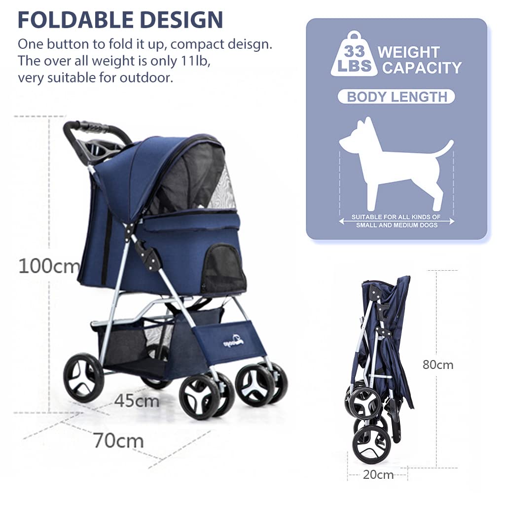 Qpets 4 Wheels Foldable Pets Stroller for Dogs and Cats with Sunvisor, Brake Wheel, Storage Case, Cup Holder Multifunction Dog Cat Cage Jogger Stroller for Medium Small Dogs Cat(Under 15KG)
