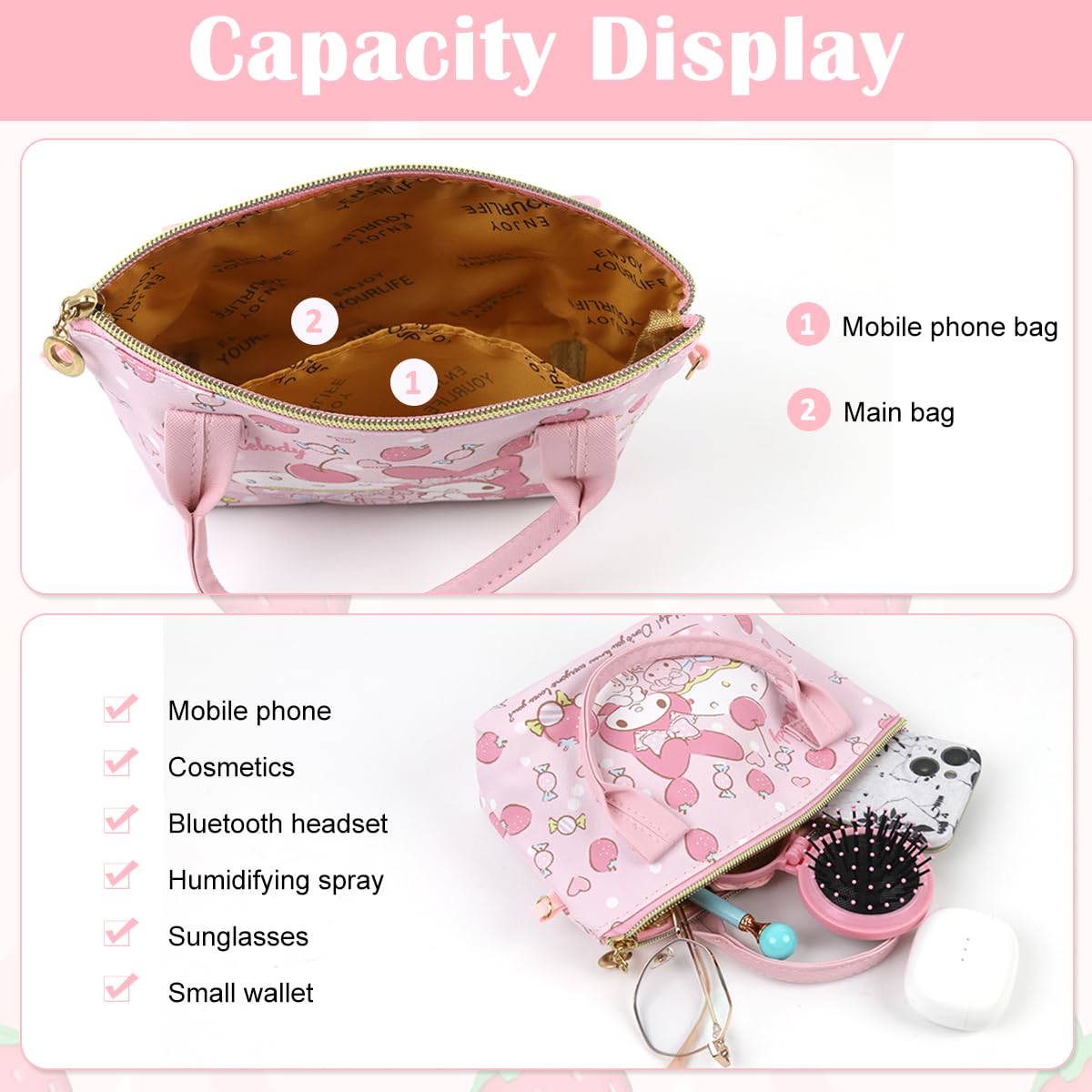PALAY Melody Hand Bag Kawaii Sanrio Small Tote Bag for Girls Pink Melody Shoulder Bag Small PU Tote Bag with Removable Shoulder Strap Crossbody Bag Christmas Gift for Girls Birdthday Gift, 16x7x22cm