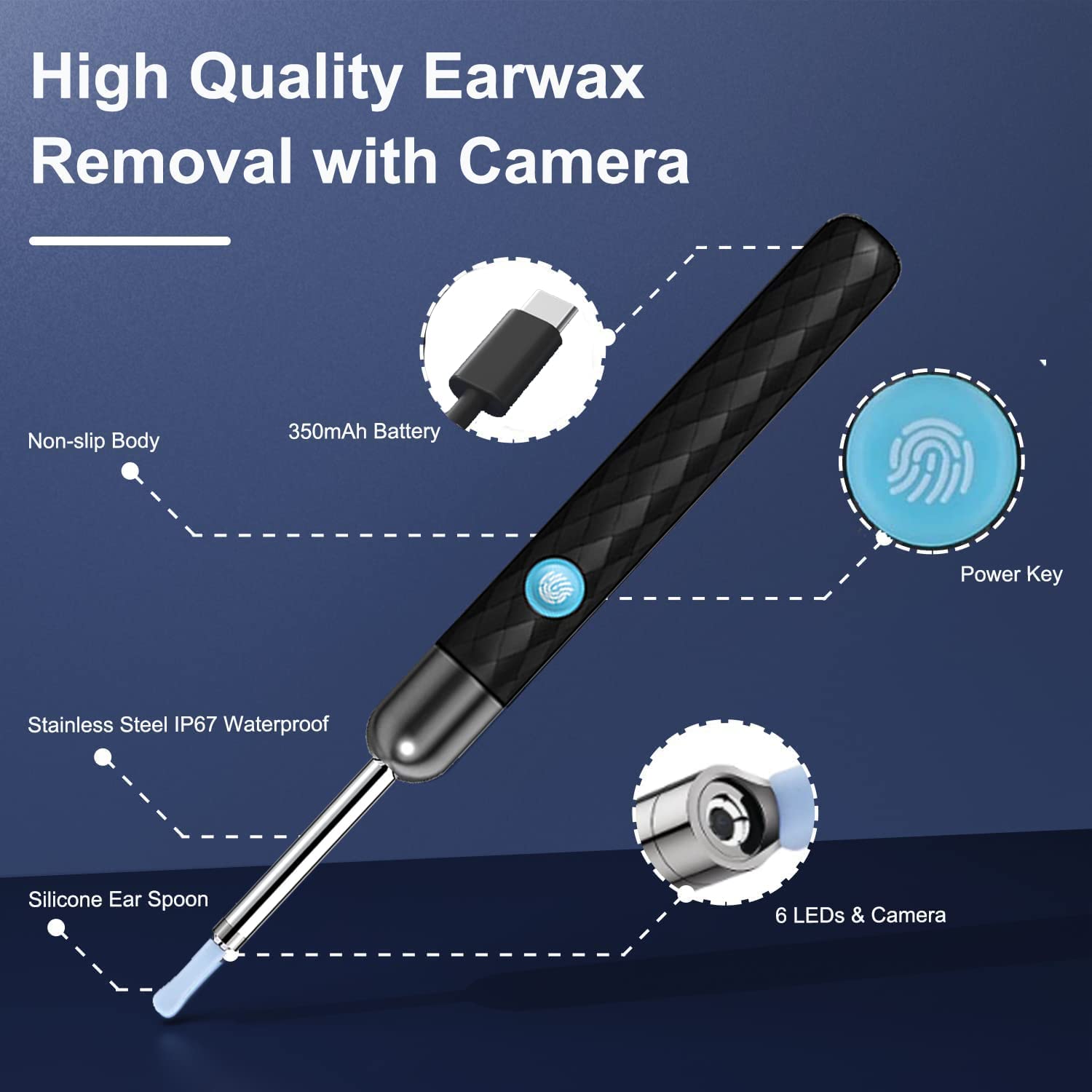 HANNEA Ear Wax Remover Tool Kit Camera 6-Axis Gyroscope Ear Cleaner Tool with 6 Ear Spoons & 1 Acne Pin Ear Wax Cleaner Machine 1080P 4mm Otoscope Lens Ear Camera Cleaner for Cleaning Spade for IOS & Android