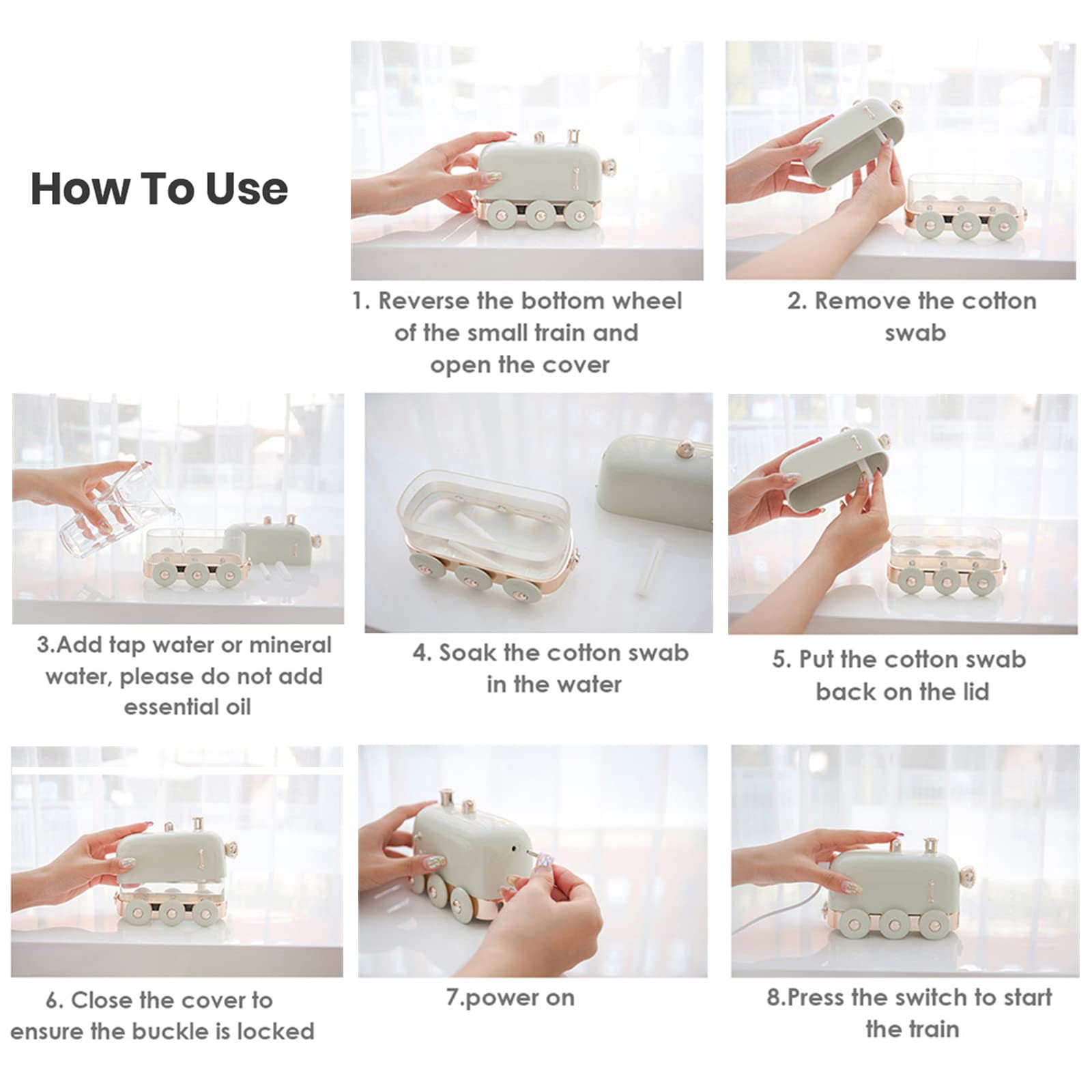 HANNEA Humidifier for Room Mini Train Portable Mini 300ml Quiet Aroma Diffuser with USB Charge Cool Mist Air Humidifiers Auto Shut Off and Colored Lights for Desktop/Office/Bedroom/Car