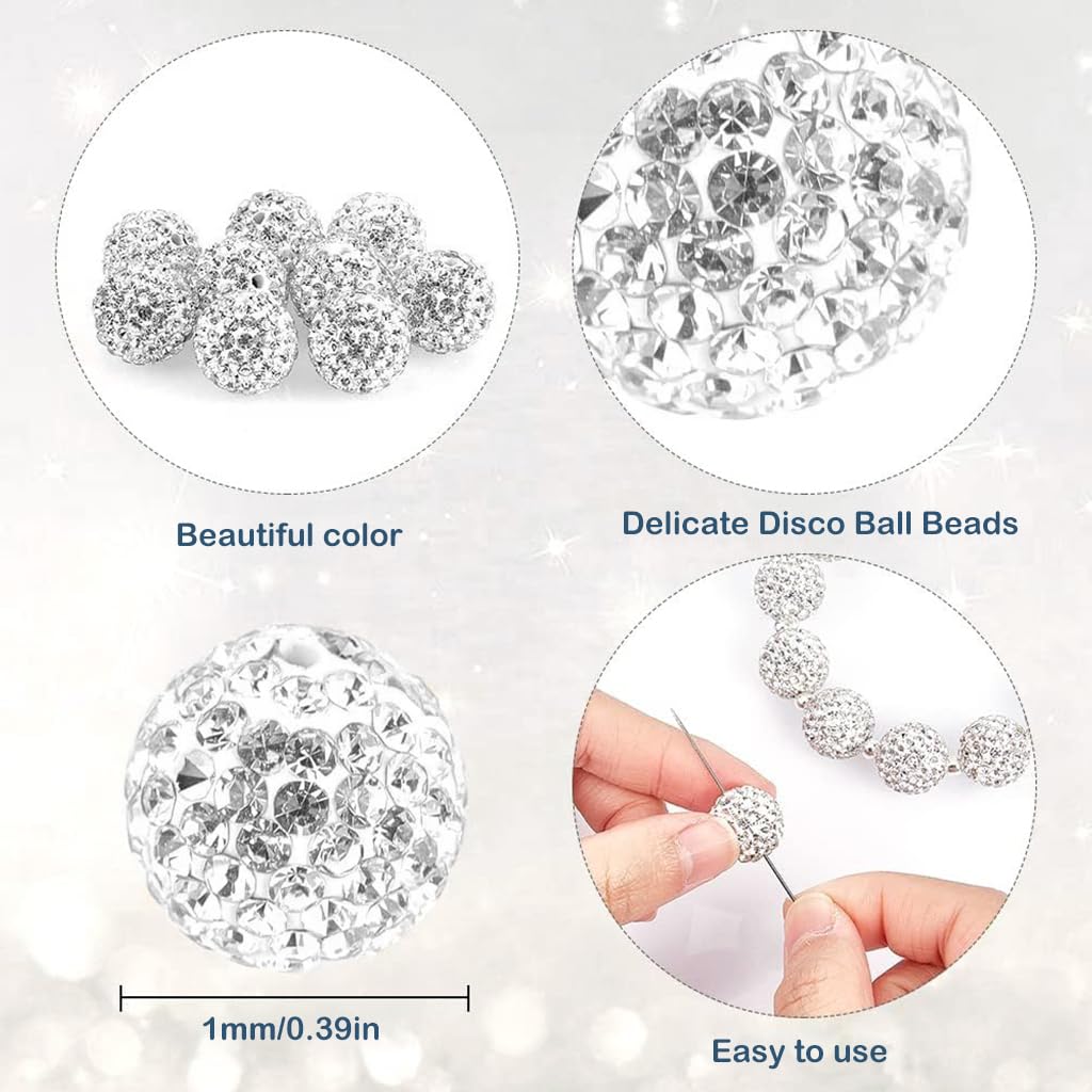 SANNIDHI 100Pcs Rhinestone Crystal Beads for Jewellery Making, 10mm Sparkle Clay Beads Kit, Polymer Ball Round Bracelet Beads White Craft Beads for Necklace Bracelet Earring Making Party Decor
