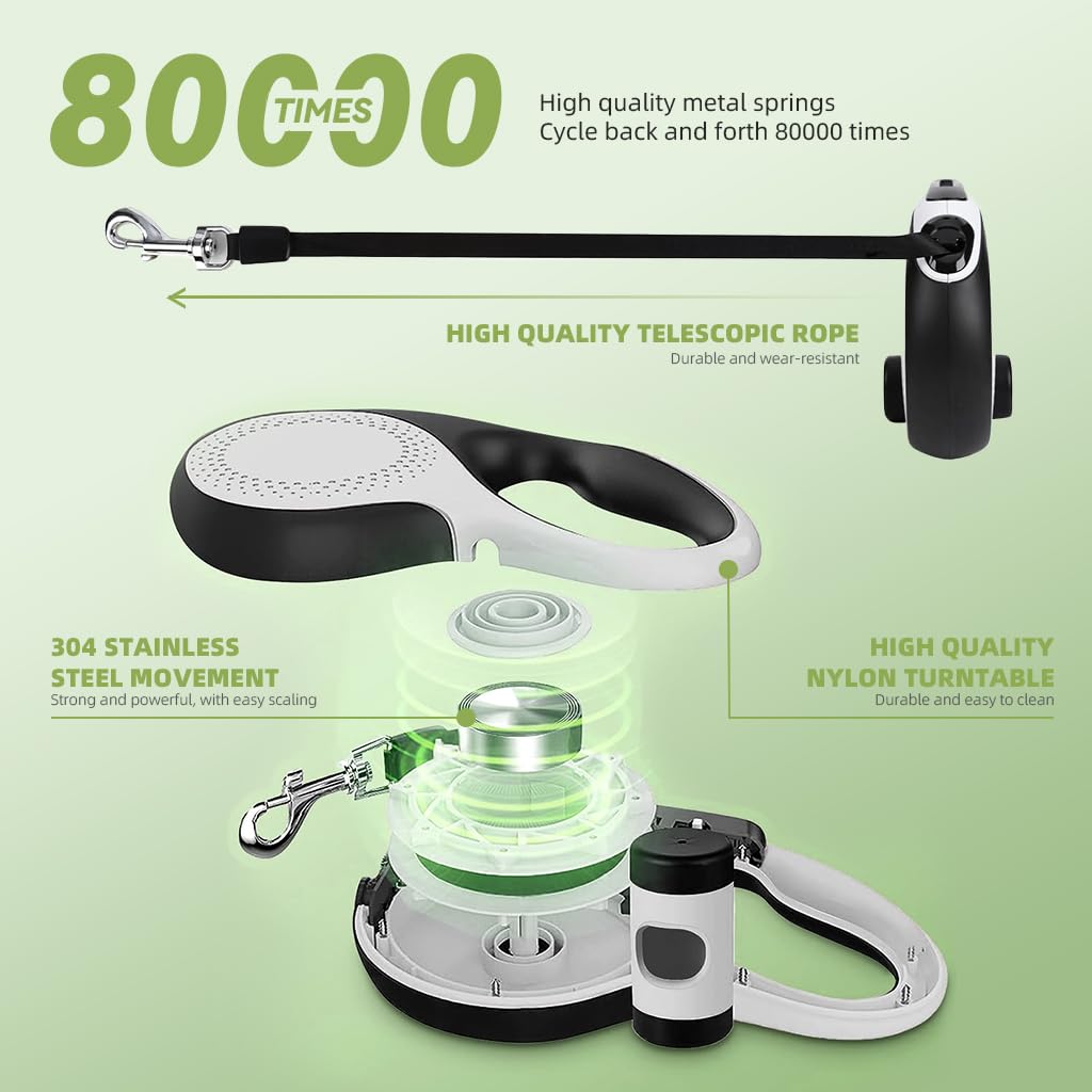 ZIBUYU Retractable Dog Leash with Detachable Waste Bag 2 In 1 Auto Dog Belt One Button Lock & Release Strong Nylon Tape No Tangle for Small, Medium, Large Pet Accessories (Dogs Up to 50kg) 5m
