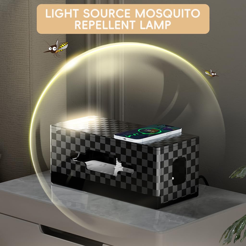 HASTHIP Electric Cable Management Box with Wireless Charging Pad, Mosquito Repellent Lamp, Power Strip Organizer, Modern Desk Solution for Neat and Decluttered Spaces, 32x14.5x13.5cm