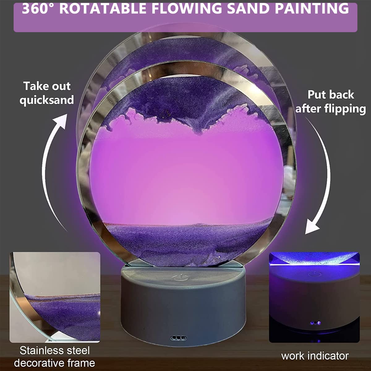 HASTHIP Moving Sand Art Desk Decoration 3D Showpiece for Home Decor with LED Light Up Base, Glass Art Desk Decoration for Living Room, Office, Table Decorative Items Gifts(Purple)
