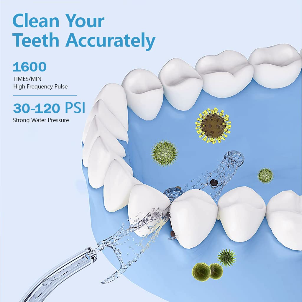 HANNEA Rechargeable Water Dental Flosser Cordless Portable 170ml Dental Cleaner High Frenquency Water Dental Flosser with 3 Modes, 4 Jet Tips, 90s Timing Function, IPX7