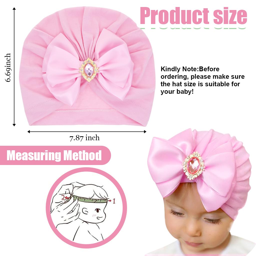 PALAY 3pcs Turban Caps for Baby Girl Boy Cute Infant Bow Caps for Baby Girl Stretchy Crystal Satin Bow Hat for Baby Girls Shower Gift Baby Caps for Born 0-12 Months