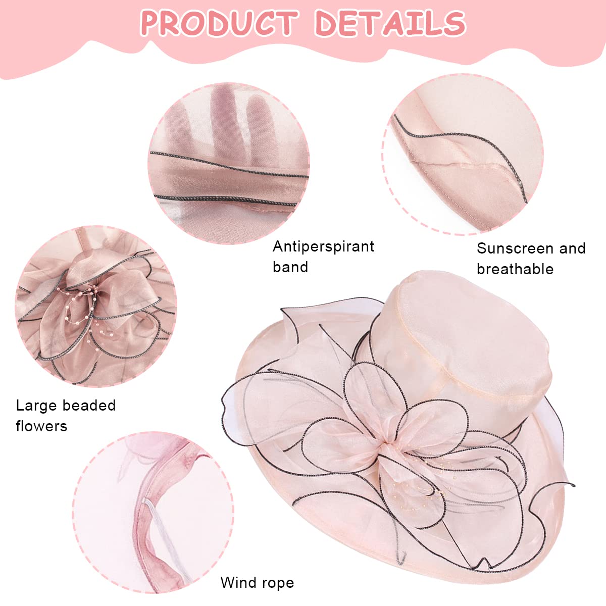 PALAY Fascinator Hat for Women Organza Ladies Cocktail Tea Party Top Hat Elegant Church Wedding Bridal Flower Hat for Events, Banquet, Travel Wide Brim Sun Hat (Pink)