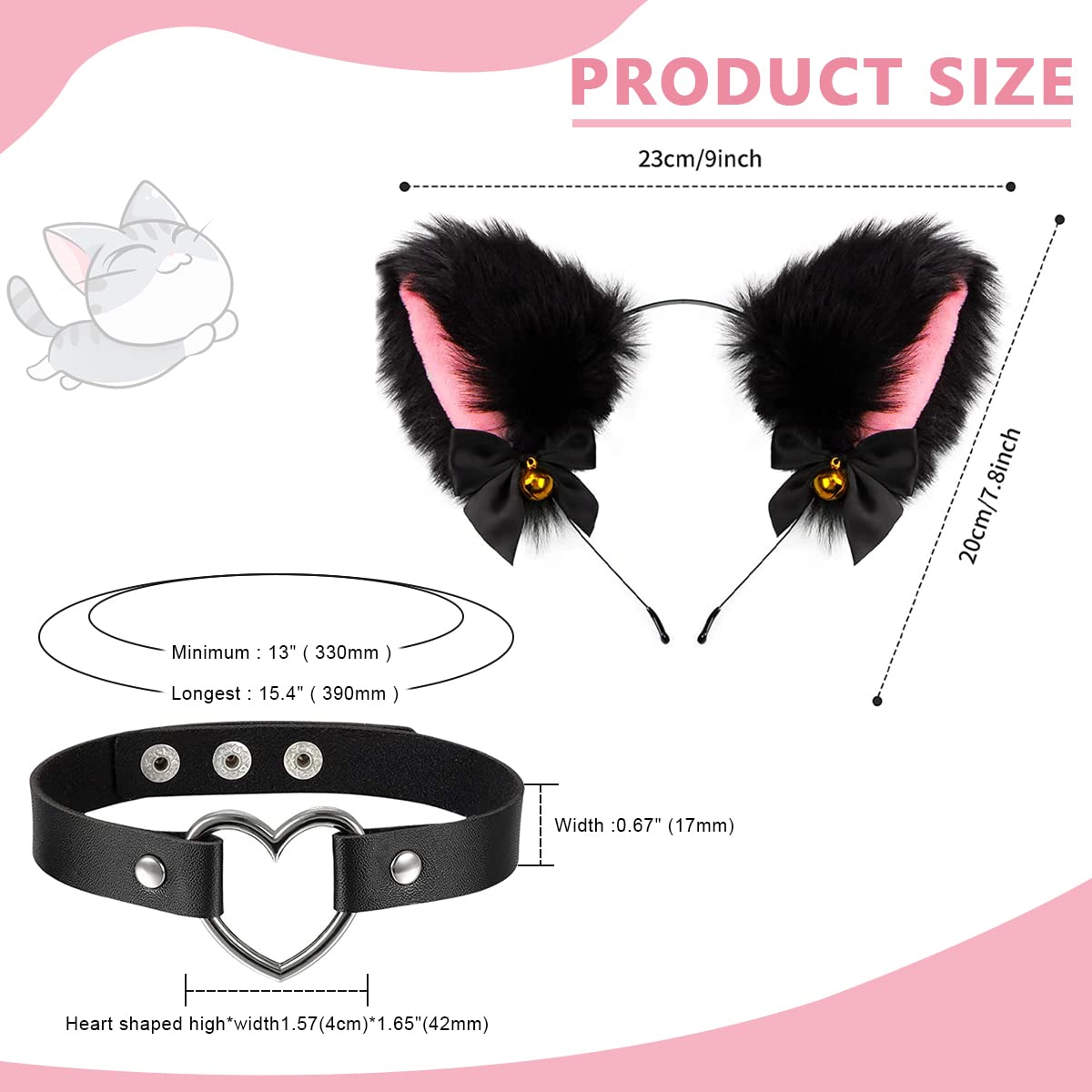 PALAY Cat Ears Headband Choker Set Women Girls Cosplay Plush Furry Ears Hair Band with Bell & Punk Fashion Choker Kit for Fancy Dress Party Performance Halloween