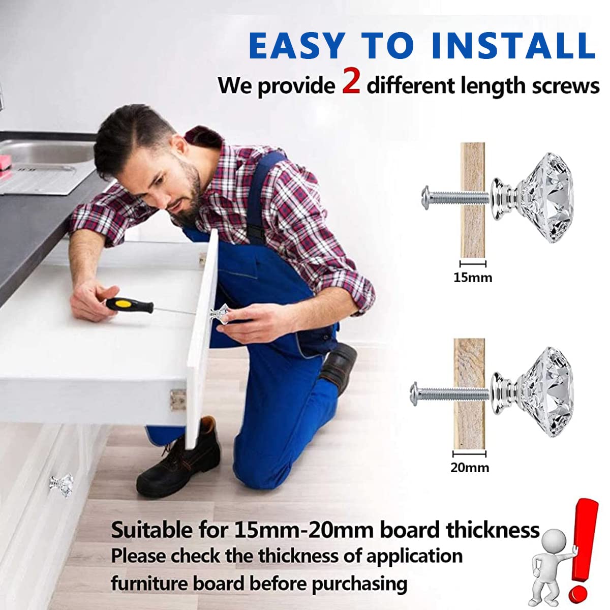 HASTHIP 6 Pack Cabinet Knobs with 2 Sizes Screws, Clear Glass Crystal Diamond Shape Cabinet Knobs, Glass Dresser Knobs for Dresser Drawers and Kitchen, Bathroom Cabinet 30mm