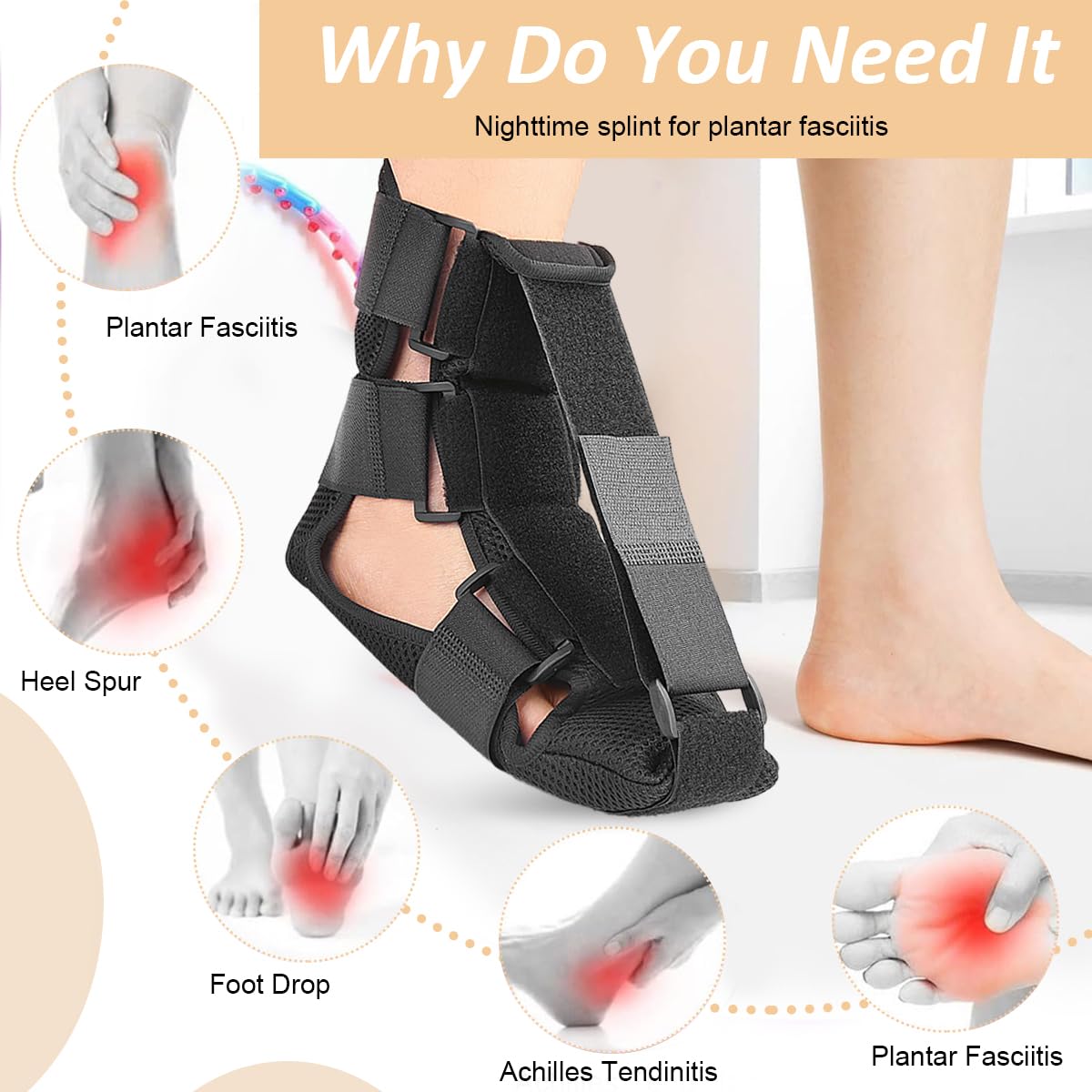 HANNEA Ankle-foot Orthosis, Foot Drop Splint Adjustable Ankle-foot Orthosis Wearable Night Splint for Improve Foot Drop Gentle Foot Support for Pain Relief and Healing