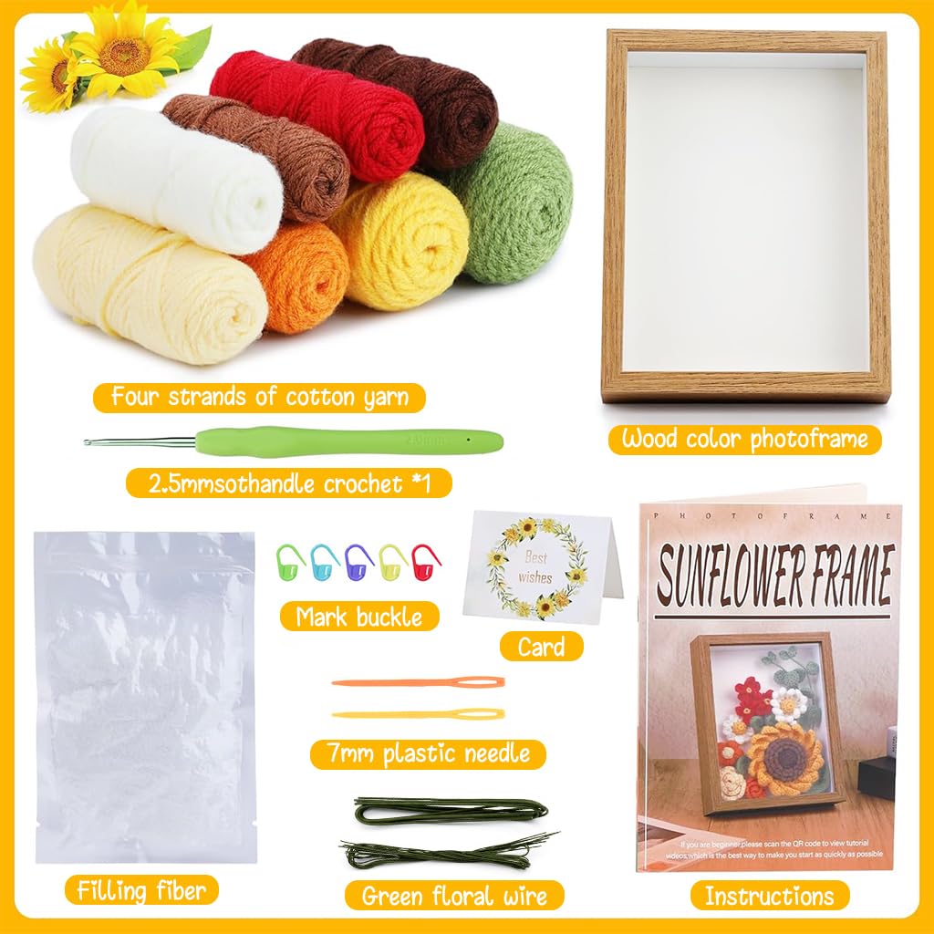 PATPAT DIY Crochet Kit Sunflower Oil Paint Crochet Material Kit with Photo Frame, Tools & Tutorials Starter Friendly DIY Crochet Gift Mother's Day Gift DIY Crochet Sunflower Photo Frame Material Kit