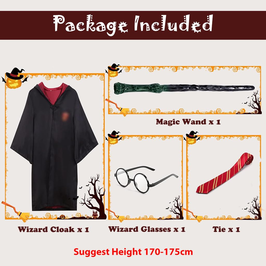 PATPAT Wizard Costume Robe Set Cosplay Costumes for Women Men School Magic Wizard Cloak with Harry Potter Wands, Tie & Glasses for Adult Teens, Suggest Height 170-175cm